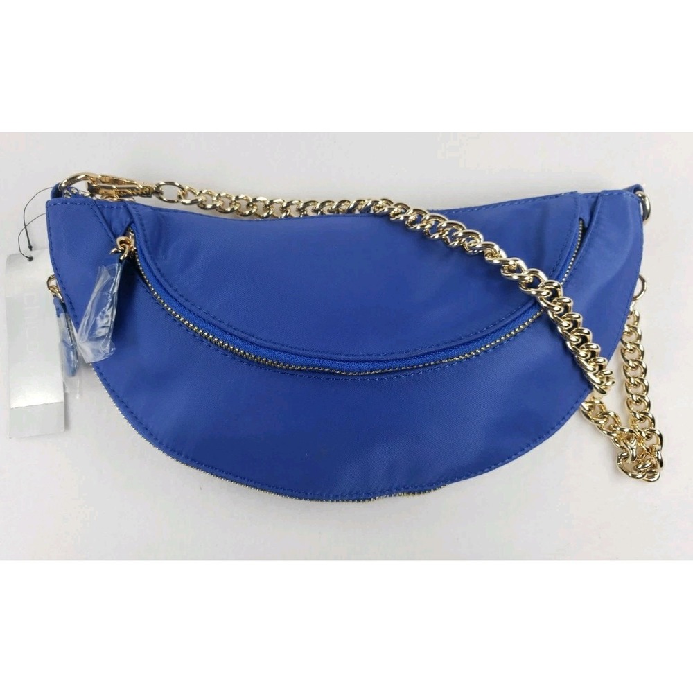 Chico's Crescent Crossbody Bag Bright Blue Gold Hardware Chain Handle Xtra Strap - Picture 4 of 14